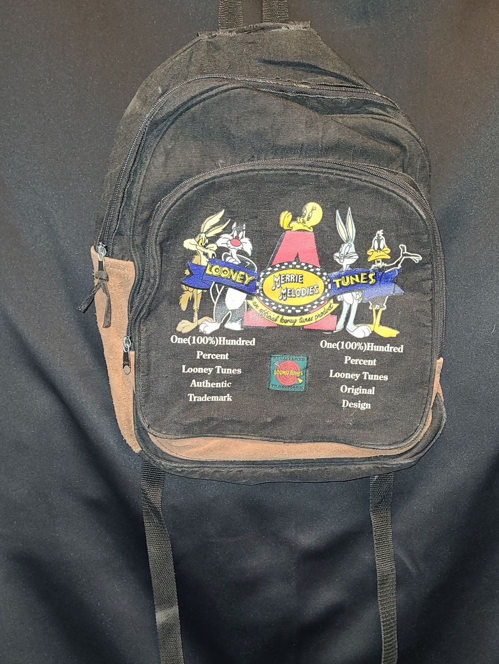 1993 Warner Bros. LOONEY  TUNES Black Canvas Backpack with Brown Accents